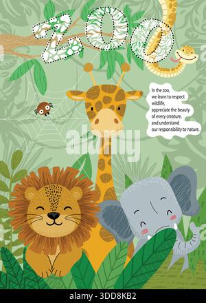 Cartoon zoo animals including giraffe, lion, elephant and snake in green jungle setting Stock Vector