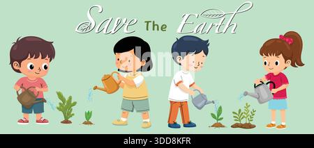 Colorful cartoon of children watering plants with text Save The Earth, environmental care concept for kids Stock Vector