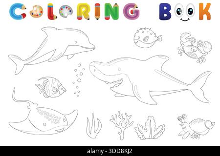 Cartoon underwater animals including shark, dolphin, stingray, fish, and seaweed, black and white coloring book page for children Stock Vector
