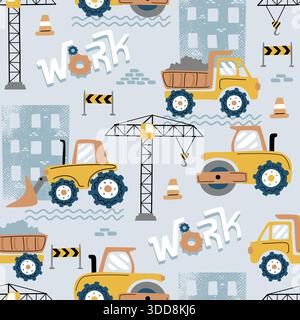 Seamless pattern of cartoon construction vehicles, dump trucks, cranes and roadwork signs on blue city background Stock Vector