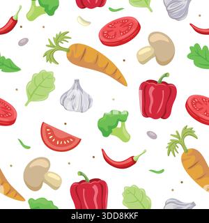 Seamless pattern of fresh vegetables including carrot, tomato, broccoli, chili, mushroom and bell pepper on white background Stock Vector