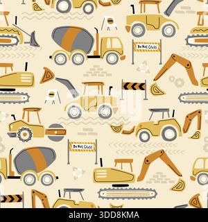 Seamless pattern with cartoon construction vehicles, cement mixers, bulldozers and warning signs on tan background Stock Vector