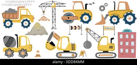Colorful cartoon illustration of construction site scene with heavy vehicles, building, and equipment Stock Vector