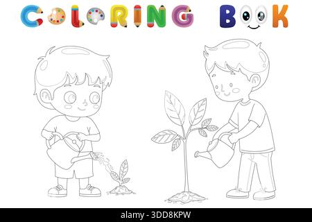 Black and white illustration of two boys watering plants, kids coloring book page about environment care Stock Vector