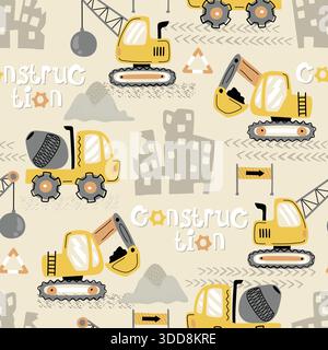 Seamless cartoon construction pattern with excavators, cement trucks, buildings and construction site signs on beige background Stock Vector