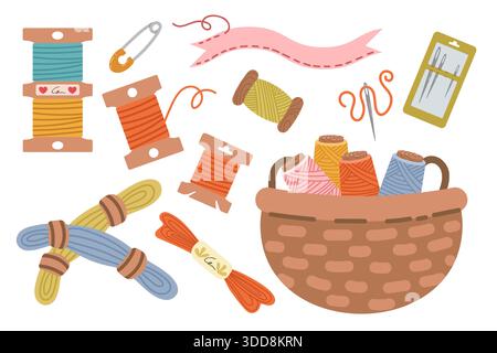 Sewing kit, a collection of hand-drawn, flat-style sewing tools and accessories. Threads, needles, and fabric Stock Vector