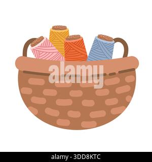 Sewing kit, a collection of sewing tools and accessories, hand-drawn in a flat style. Basket of threads and a storage container are included. Stock Vector