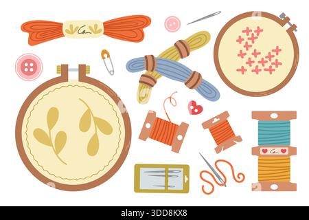 Sewing kit featuring a collection of hand-drawn flat tools and accessories for sewing. The set includes embroidery hoops, thread, and needles. Ideal f Stock Vector