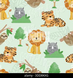 Wildlife seamless pattern with cartoon tiger, lion, rhino, sloth and trees in playful style Stock Vector