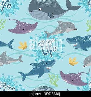 Cute cartoon marine animals seamless pattern with whale, dolphin, shark, stingray, and ocean elements Stock Vector