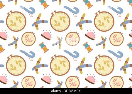 Seamless pattern featuring a sewing kit, a collection of hand-drawn sewing tools and accessories in a flat style. The design features embroidery hoops Stock Vector