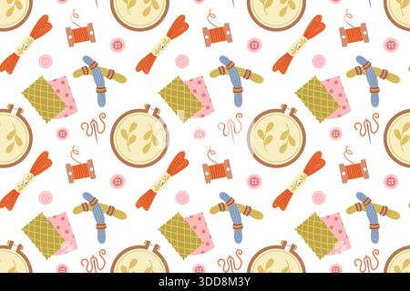 Seamless pattern featuring a sewing kit, a collection of hand-drawn flat-style sewing tools and accessories. Embroidery hoops and threads. For crafts Stock Vector