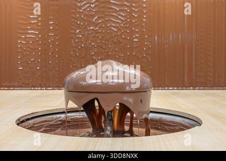 A glossy dome of melted chocolate cascades from a chocolate fountain, dripping into a pool on a light wooden surface. Rich, indulgent dessert display Stock Photo