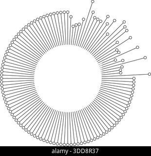 Long rays with outline circles at the ends radiate from one quarter of the circle in an irregular pattern. Stock Vector