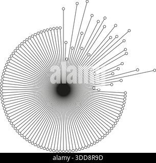 Rays with outline circles at the ends form only one quarter of the circle with irregular spacing. Stock Vector