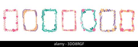 Child frame. Cute kid border, simple children doodle heart and flowers. Elementary chalk for kindergarten birthday decorative shapes. Creative pencil drawing. Abstract design element. Vector template Stock Vector