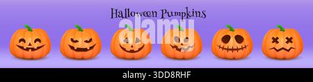 Halloween pumpkins. 3d face emoji render glossy isolated elements, happy smile character or decorative fear emotions. Cute autumn evil jack lantern. Orange spooky carved vegetable. Vector elements set Stock Vector