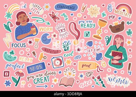 Cute stickers. School scrapbook journal. Memo paper planner labels with phrase text and funny icons. Girl diary note inscription in agenda calendar. Deadline reminder tag. Vector notebook patches set Stock Vector
