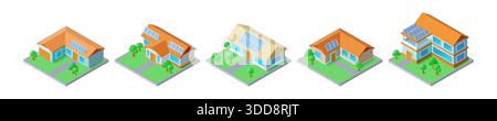 3D home. Solar panels on residential buildings. Modern apartment with eco battery on roof. Sustainable energy community. Real property render residence. Isometric houses and yard. Vector icons set Stock Vector