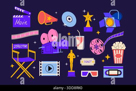 Film elements. Cinema camera reel, Hollywood filmography items or studio ticket, tv retro symbol. Strip tape, movie poster. Popcorn and drink. Creative winner art prize. Vector cartoon flat icons Stock Vector