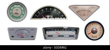 Retro speedometer. Vintage car meter. Dashboard logo or automobile mph speed tool. Scale display design. Motorcycle tachometer. Auto measurement instrument. Vector realistic odometer indicators set Stock Vector