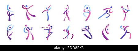 Body logo. Woman sport shape. Abstract human health movement or people dance symbol. Curve tapes. Ribbons man figure. Race run marathon. Sportsman or dancer motion poses. Vector isolated signs set Stock Vector