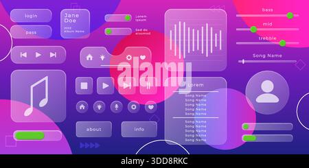 Glass UI frames. Liquid circle UX button. Music app player. 3D screen flare with text on rectangle signboard. Glassmorphism matte border. Futuristic template. Interface elements set. Vector background Stock Vector