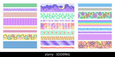 Washi tape. Scrapbook sticker elements. Cute paper sketch or color sticky note. Pink border stripe with flowers and geometric abstract ornament. Torn plaster patterns. Decorative ribbons vector set Stock Vector