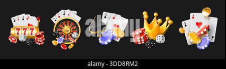 Poker icons. Casino game bonus card, 3d gold gamble logo or online roulette play. Golden crown. Dice and chips. Blackjack luck entertainment. Jackpot render glossy symbol. Vector isolated illustration Stock Vector