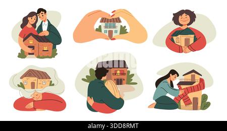 Family in house. People dream about home. Residential building buy or rent. Owner loving apartment. Happy young couple hugging residence. Real estate property. Minimal outline drawing. Vector concept Stock Vector