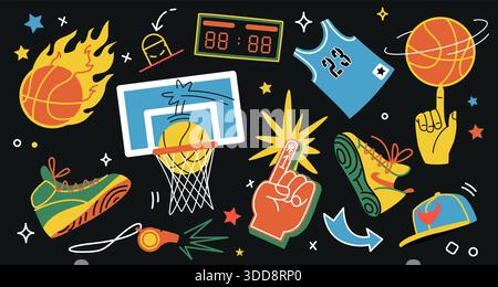 Doodle basketball. Retro basket and ball. Sport competition. Comic whistle game with cup scoreboard. Athletic playground. Streetball fan hand and sneaker. Team tournament. Vector cartoon elements set Stock Vector