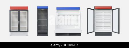 Supermarket chiller. Shop food freezer. 3D empty store shelf. Grocery cooler door with glass display. Commercial market fridge. Open and close freezing rack. Vector interior furniture isolated set Stock Vector