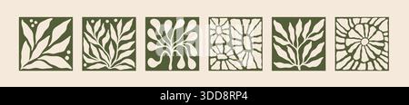 Abstract leaf set. Organic flower shape, vintage art form elements or retro simple floral drawing. Square frame. Botanical branches, print or card blossom silhouette. Vector isolated hand drawn design Stock Vector