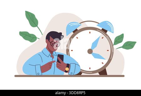 Business people planning. Time management. Man with alarm clock and mobile organizer. Deadline control. Agenda timetable. Goals planner. Watch dial. Man organize productive workflow. Vector concept Stock Vector