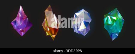 Crystal prism set. 3d diamond light, color rainbow shape or graphic glass reflection. Holographic geometric texture. Topaz, aquamarine and jewelry amber. Vector gem design isolated realistic elements Stock Vector