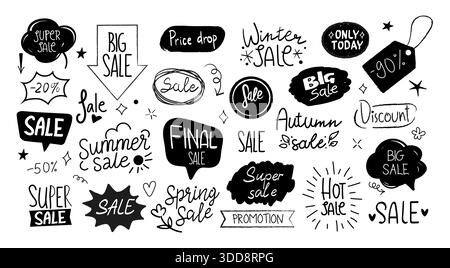 Hand drawn bubbles. Speech sticker shape, price label balloon cloud or vintage sale offer. Super comic discount. Special marketing phrases, tags and promotion text. Vector banner, isolated elements Stock Vector