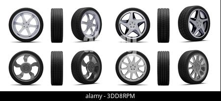 Car tires. 3D vehicle wheel tyre. White tread winter part or black summer auto texture in profile. Rubber protector front and side. Spare for automobile. Workshop garage. Vector realistic objects set Stock Vector
