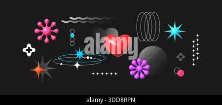 3D objects. Abstract shapes composition. Glossy plastic icon. Halftone dots or line forms collage. Trendy acid sticker. Retro geometric digital button. Y2k badge. Art banner design. Vector background Stock Vector