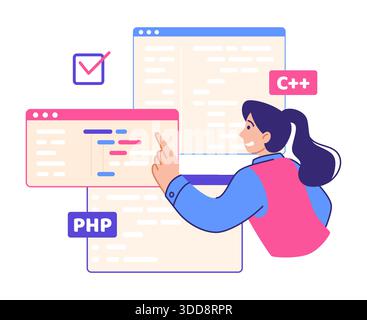 PC work. Computer programmer character. Browser windows. Web software. Programming script. Developer working with website cyber frame. Network technology engineer. Backend java coders vector concept Stock Vector