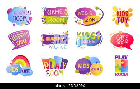 Play zone background set. Fun game logo, art school area text or blot park label. Kinder card, playroom sign. Amusement party, Kindergarten club isolated emblem, nursery room collection, vector banner Stock Vector