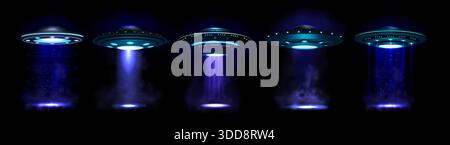 3d ufo. Flying alien space saucer, spaceship fantasy beam. Night ship render, outer Galaxy object in universe. Smoke and blue spotlight, magic shine portal. Realistic isolated elements. Vector poster Stock Vector