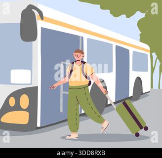 Man with baggage boarding at public transport. Comfortable bus stop. City accessible. Inclusive infrastructure. Friendly urban environment comfort. Guy with suitcase. Vehicle station. Vector concept Stock Vector
