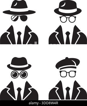 Silhouette Vector Detective Spy Suit Hat Icons Collection Stock Vector