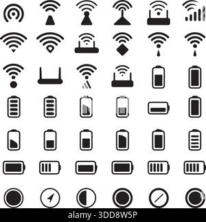 Silhouette Vector Wi-Fi Battery Signal Icons Collection Stock Vector