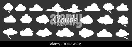 A set of silhouettes of clouds and white speech bubbles of various shapes and sizes on a black background. Stock Vector