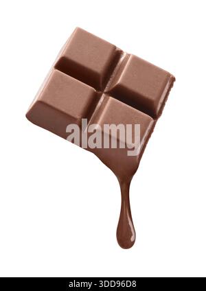 Piece of chocolate bar melting and dripping on white background Stock Photo