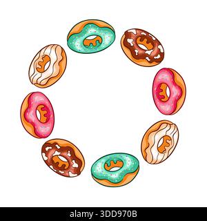 Wreath with assorted donut arranged in a decorative ring on a white background in cartoon style. Stock Vector