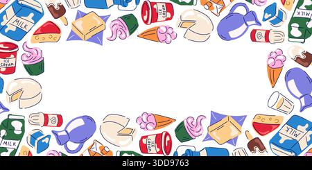 Frame with dairy product, milk, cheese, butter, cream and ice cream in flat style. Design for grocery store. Stock Vector