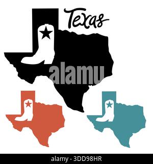 Texas set maps silhouette with cowboy boot. Vector illustration of Texas map silhouette background with country cowboy boot isolated on white for desi Stock Vector