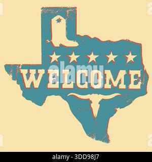 Texas welcome map silhouette with bull skull and cowboy boots on old paper background. Vector illustration of Texas map blue red silhouette Stock Vector